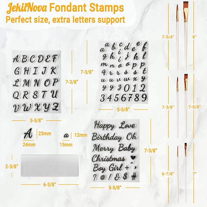 4PCS Alphabet Cake Stamps Tool with Brushes for Fondant Cookie Biscuit, Pretty Handwriting Food Grade Fondant Letter Stamp Uppercase Lowercase Numbers Words Reusable Cookie Stamp for Christmas Party