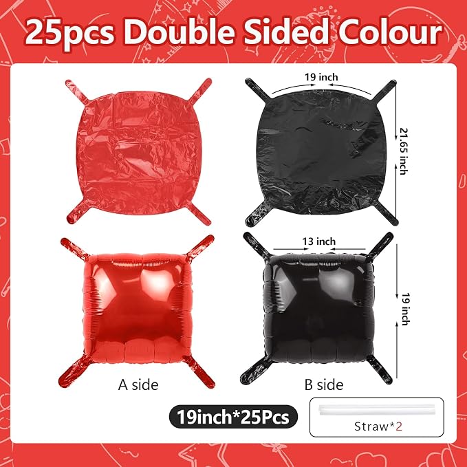 NISOCY 25PCS Red Black Square Foil Balloons Wall Backdrop Double Sided Red Black Balloons Arch Kit for Birthday Valentine's Day Halloween Graduation Wedding Anniversary Party Decorations