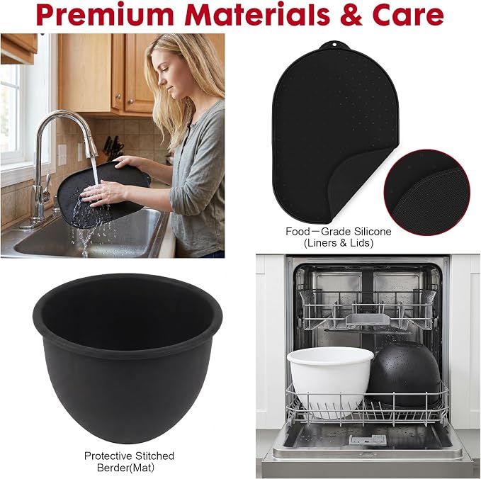 Silicone Bowl Insert and Mixer Slider Mat Set Compatible with KitchenAid 4.5-5 Qt Tilt-Head Stand Mixer, 2 Pcs BPA-Free Baking Liners (Black/White) & Appliance Sliding Tray-3PCS