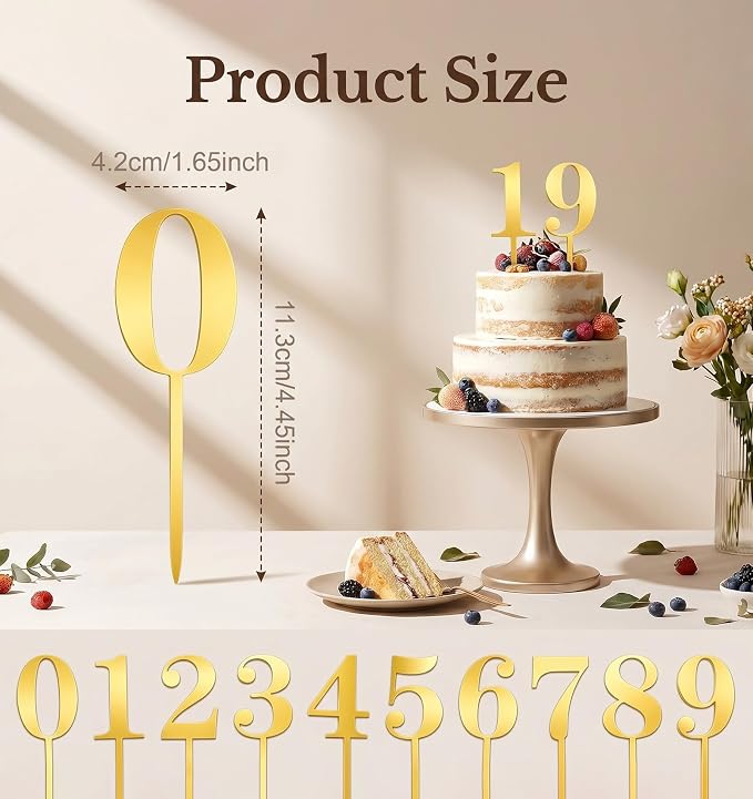 20 Pcs Gold Numbers for Cake, Acrylic Numbers 0-9 Shiny Gold Cake Toppers for Birthday Party, Wedding, Anniversary