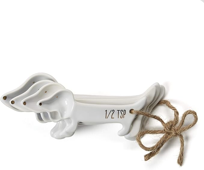 VOTUM White Dachshund Ceramic Measuring Spoon Set – Set of 4 Cute Weiner Dog Themed Kitchen Baking Tools – Gift for Dog Lovers