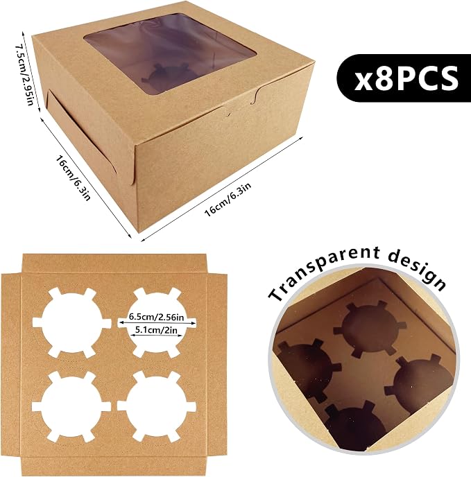 MUMULULU 8 PCS Brown Paper Cupcake Boxes with 4 Cavity Cookie Gift Boxes with Clear Window 4 Treat Holder Cupcake Containers Bakery Cake Box for Birthday Party Bakery Supplies
