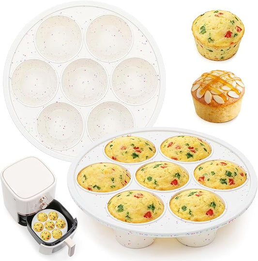 Vinino Silicone Air Fryer Muffin Pan with Reinforced Frame, Egg Bite Mold | 7 Cup Air Fryer Accessories, 2 Pack Silicone Muffin Pans for Oven, Perfect for Egg Bites, Muffins, Tarts, BPA-Free, Cream