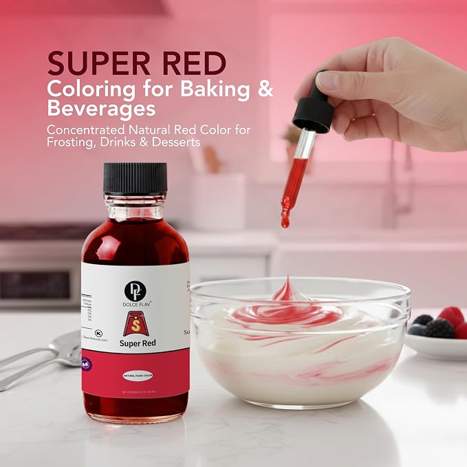 Dolce Flav Natural Super Red Food Coloring – Water-Soluble, Plant-Based, Vibrant Red Color for Baking, Drinks, Frosting, Jams & More – Easy Mix, Concentrated Formula (0.5–2% Use Rate)