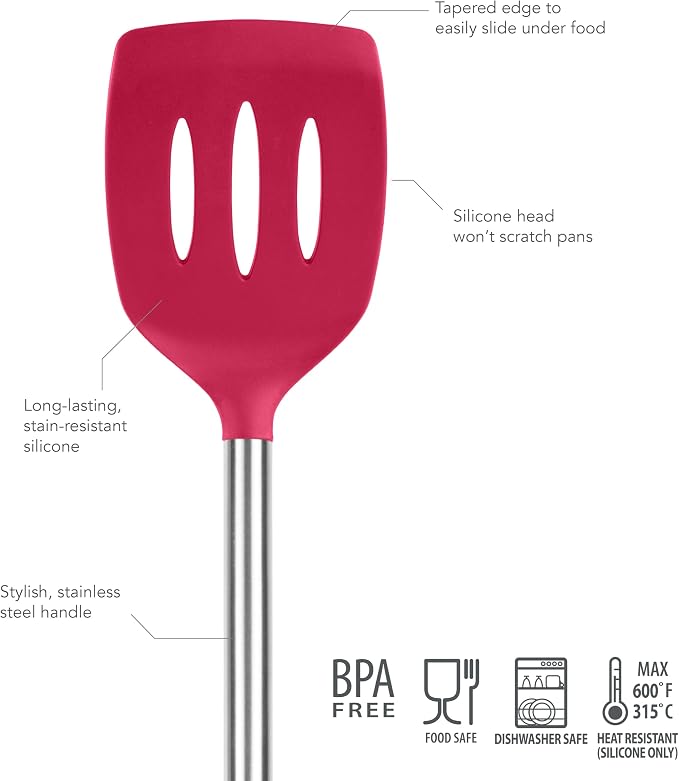 Tovolo Slotted Silicone Spatula Turner Slotted Stainless Steel Handle 10" Viva Magenta Heat Resistant Non Toxic BPA Free Kitchen Utensil, Silicone Egg Pancake Flipper Metal Handle Turner for Cooking