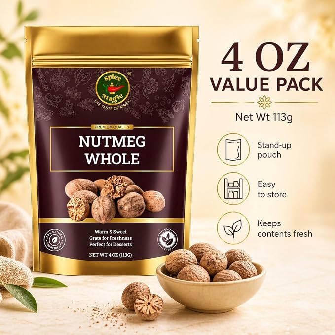 Spice Magic Whole Nutmeg 4 oz, Jaiphal Nuez Moscada – 100% Pure Natural Nutmeg Seeds for Grating, Non-GMO Gluten Free, for Baking, Cooking, Coffee, Tea, Hot Chocolate, Eggnog & Desserts