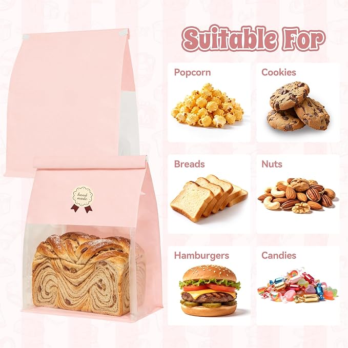 100 Bread Bags with Tabs for Homemade Sourdough Bread, 8.7x4.3x11 Inches Pink Bakery Storage Bags with Window/Ties, Large Bakery Loaf Bag for Baked Goods Packaging
