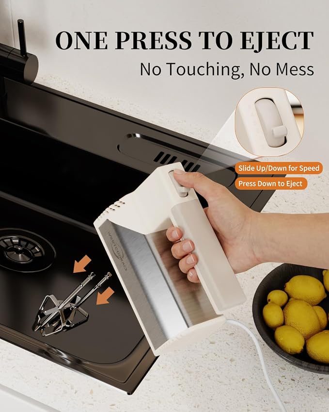 Hand Mixer Electric Handheld, 5-Speed 200W Electric Mixer with Stainless Steel Beaters, Dough Hooks, Portable Hand Mixer, WESTCOOKAID Turbo Ultra Power+ Eject Button for Cakes Eggs, Beige
