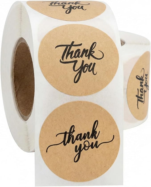 500pcs Thank You Stickers Roll – 1.5" Round Kraft Paper Labels with Black Script – Self-Adhesive Stickers for Small Business Packaging, Paper Bags, Gift Boxes Envelopes