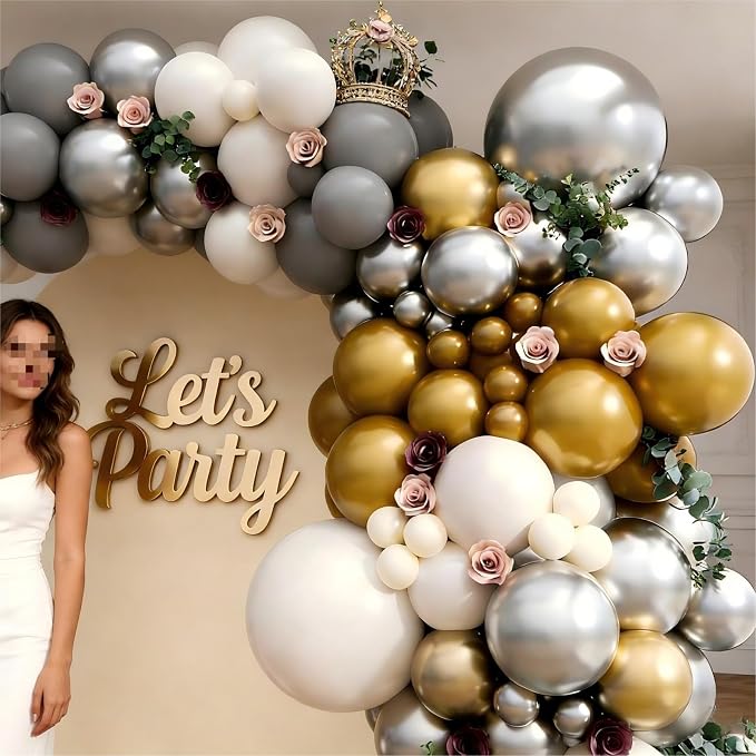 Silver Grey Balloon Garland Arch Kit 143Pcs Sand White Grey Metallic Silver Gold Latex Balloons for Bridal Shower Anniversary Engagement Wedding Birthday Party Decorations
