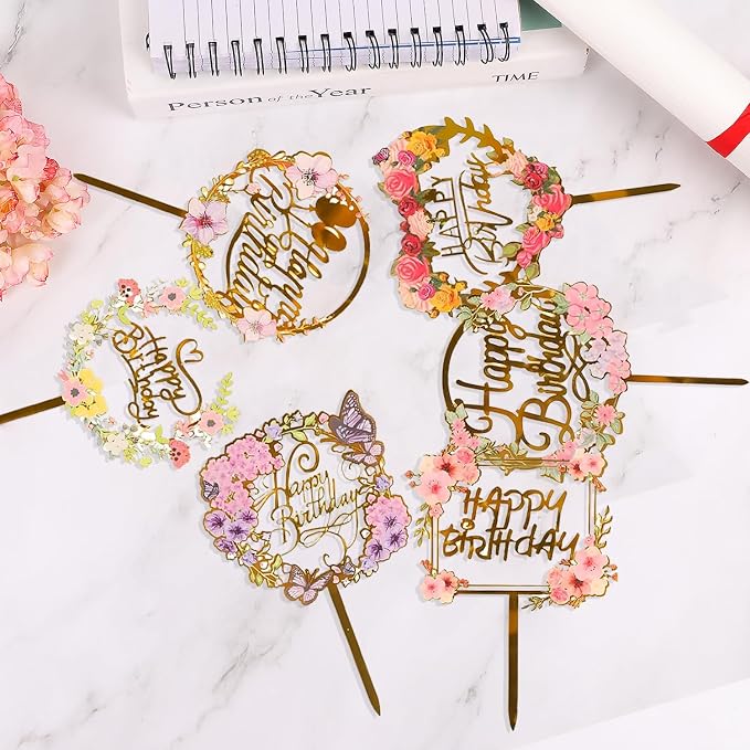 LOKIPA 6PCS Happy Birthday Cake Toppers, Flower Acrylic Cupcake Cake Toppers Gold Cake Topper for Birthday Party Anniversary Decorations