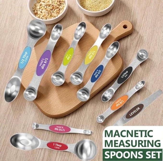 Measuring Spoons Stainless Steel Magnetic - Set of 9 with Leveler, Dual Sided Metal Teaspoon & Tablespoon Measuring Spoons, Nesting Kitchen Gadgets for Baking & Cooking, Variable Colors
