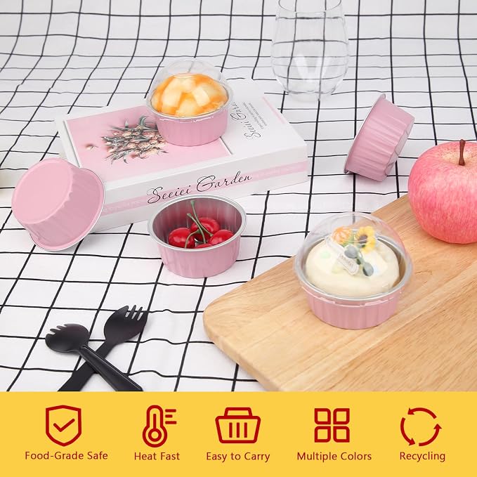 5oz Cupcake Pans with Dome Lids 100 Pack,LNYZQUS Aluminum Foil Small Cake Baking Tin,Disposable Ramekins Cupcake Baking Cups Containers,Mini Pie Pans Muffin Tins Jumbo Cupcake Liners-Pink