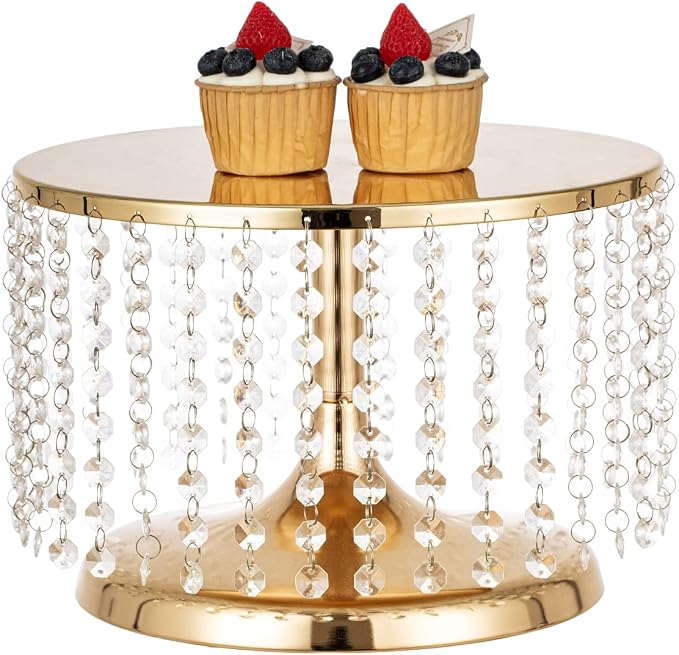 Cake Stand for Dessert Table 12 Inch Gold Crystal Pendants Metal Cake Stand Serves as A Round Dessert Cupcake Display Plate for Table, Wedding, Party, Event