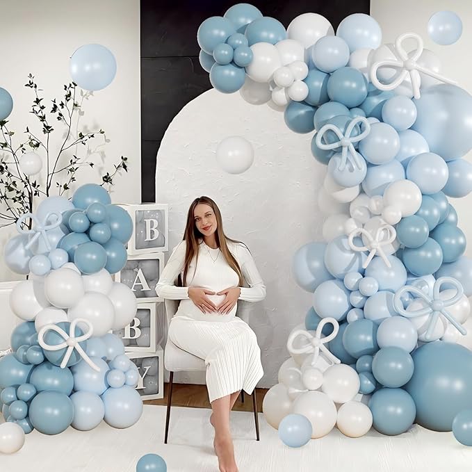 Blue and White Balloon Garland Arch Kit, 146Pcs Dusty Macaron Blue White Long Balloons Different Size for Coquette Birthday Gender Reveal Baby Shower Boy Wedding Bridal Shower Sports Party Decorations