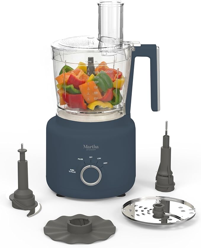 Martha Stewart Food Processor, 10-Cup Electric Chopper for Slicing, Shredding, Mincing and Puree, BPA-Free Twist & Lock Bowl, 3 Multipurpose Blades, Variable Speed Dial, Wide Feed Chute, Indigo Blue