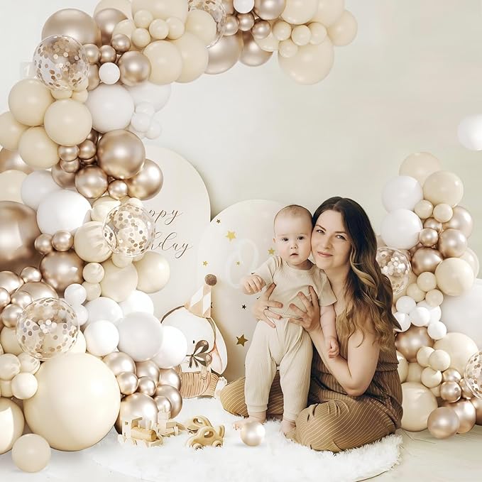 White Sand Champagne Gold Balloon Arch Kit, 143Pcs Metallic Champagne Gold Neutral Balloons Garland Arch Kit Confetti Balloons for First Communion Anniversary Engagement Wedding Birthday Decorations