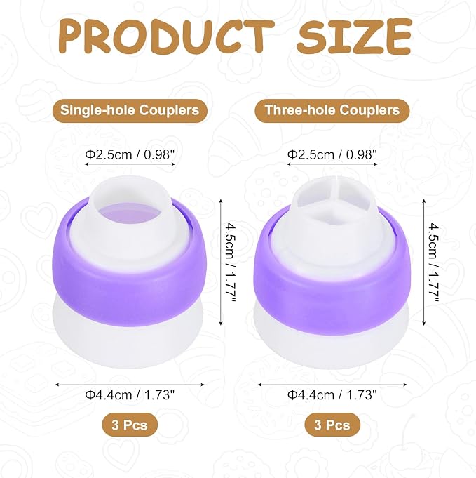 uxcell Piping Bag Couplers, 3Pcs Single Hole and 3Pcs Triple Hole Russian Nozzle Converters for Cake Decoration Tools for Baking, Cooking and Party Decorations, Purple