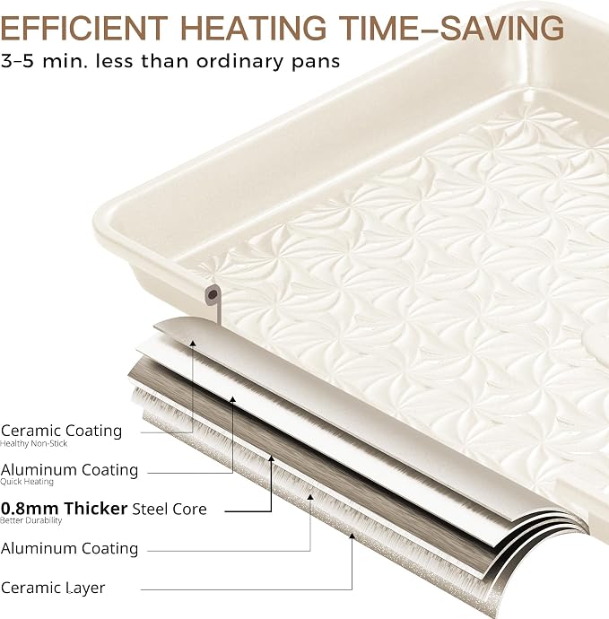 HONGBAKE Ceramic Coated Baking Sheet Pan Set of 3 with Floral Texture | Nonstick Aluminized Steel Cookie Sheets, Half, Quarter and Jelly Roll Pans, Shallow Oven Trays, 0.8mm Thick