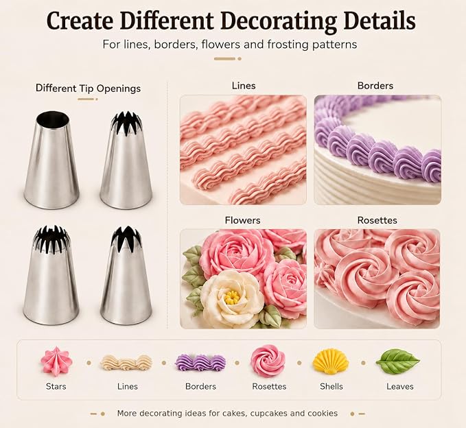 55 Pcs Piping Tips Set with Storage Case, Stainless Steel Icing Nozzles for Cake Decorating, 48 Small and 4 Large Frosting Tips, 1 Coupler, 2 Flower Nails for Cupcakes, Cookies, Desserts