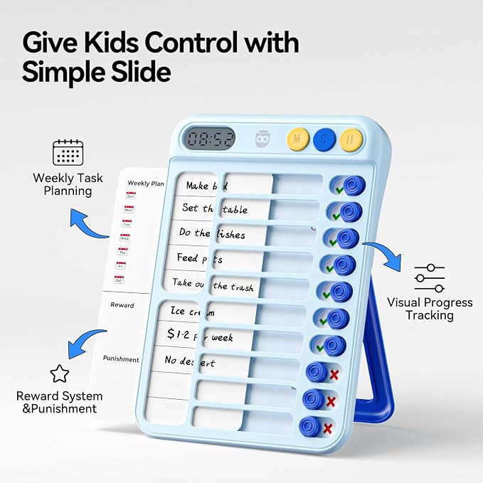 Magnetic Chore Chart for Kids with Timer, Visual Schedule for Kids, ADHD Tools to Do List, Checklist with 99-Min Countup/Countdown Chore Board with Sliders & Dry-Erase Sheets (Blue)