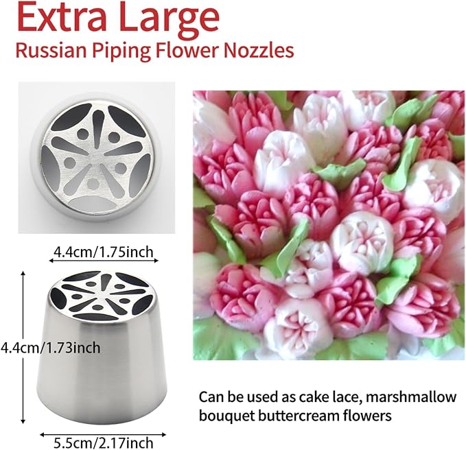 6Pcs Extra Large Russian Flower Piping Nozzles, Stainless Steel Rose Tulip Piping Tips for Cake Decorating, Includes 1 Extra Large Nozzle, 4 Piping Bags, 1 Pagoda Brush, Dessert Baking Tool