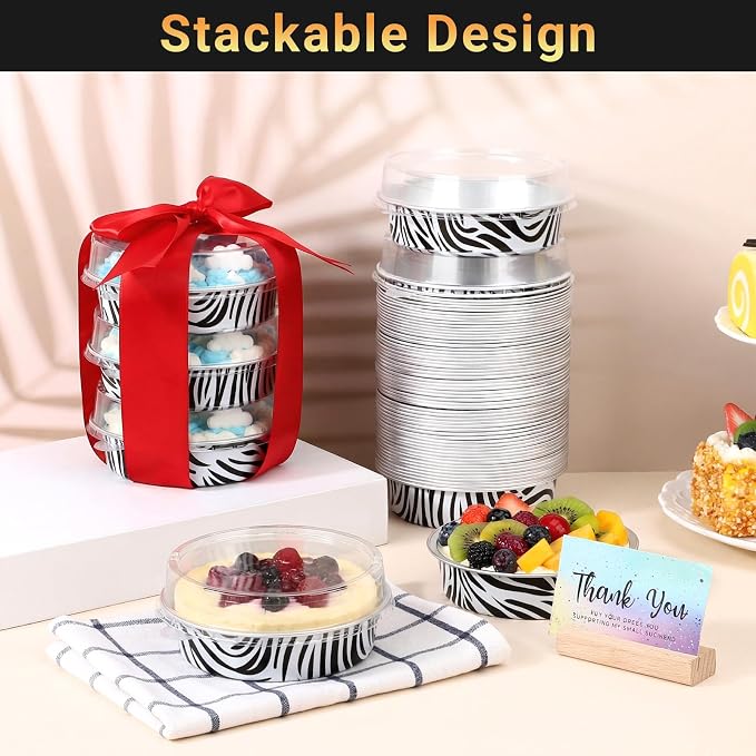 Beasea Mini Tart Pans with Lids 20 Pack, 4" 7.3oz Disposable Aluminum Foil Baking Tins Cups Round Pie Container for Individual Cupcake Dessert Muffin Cheesecake Quiche - Zebra Stripes