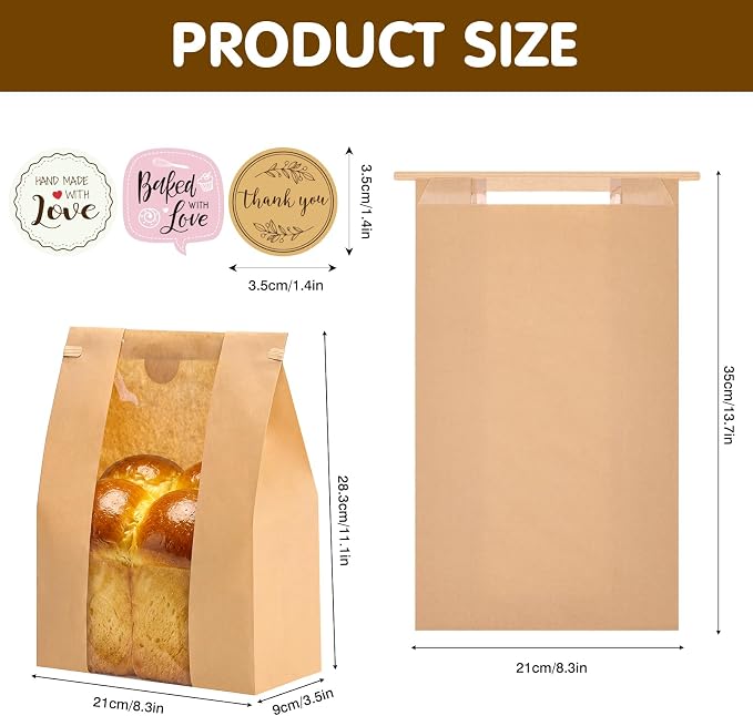 Moretoes 240 Pack Large Sourdough Bread Bags for Homemade Bread, 13.7x8.3x3.5 Inches, Paper Bread Bags with Tin Tie Tab and Clear Front Window, Includes 288 Label Seal Stickers (Brown)