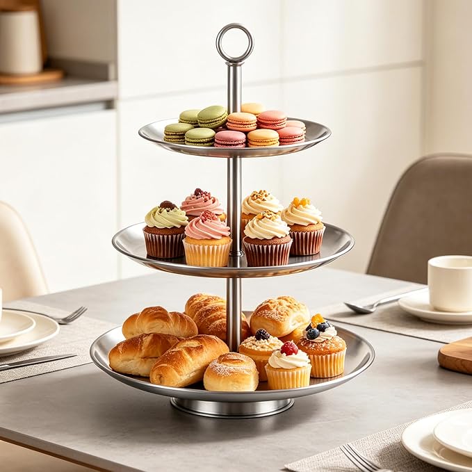 3 Tier Stainless Steel Cupcake Stand, Silver Cup Cake Tower Stand, Metal Serving Tray with Base, Tiered Cake Display Holder Dessert Stand for Table Decorations Wedding Party Birthday