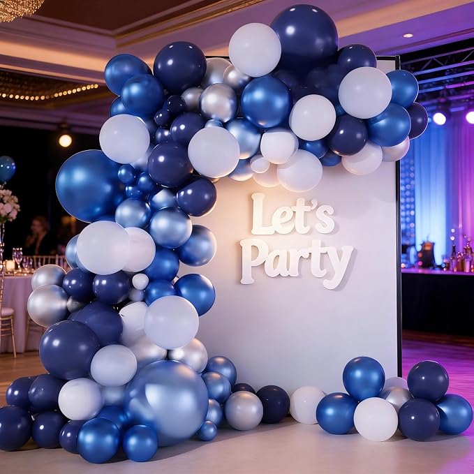 Blue White Silver Balloon Garland Arch Kit, 143 Pieces Navy Light Metallic Blue Silver White Balloons for Wedding Bridal Shower Graduation Birthday Party Decorations