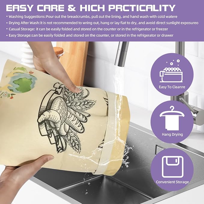 Reusable Beeswax Bread Bags, 2-Pack 13"×17" Linen Bread Bags, Washable & Freezer-Friendly Food Storage Cloth for Sourdough, Homemade Bread – Preserves Freshness (Beige)