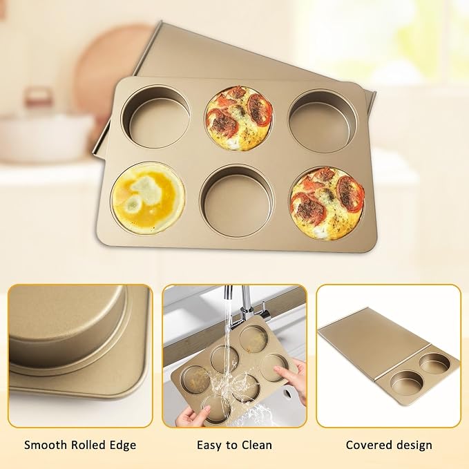 6-Cup English Muffin Pan with Sliding Lid, Nonstick Carbon Steel | 3.35" Cavities for Homemade English Muffins, 2-in-1 Breakfast Sandwiches, Hamburger Buns and Mini Quiches