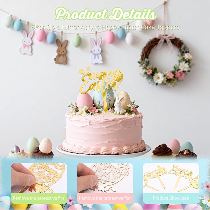 8Pcs Gold Happy Easter Cake Toppers Mirror Acrylic Bunny Egg Cake Picks Bunny Cupcake Decor for Spring Easter Party Cake Desserts Decor Supplies