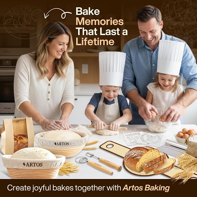 Sourdough Starter Kit | 9" Round & 10" Oval Banneton Bread Proofing Baskets | Sourdough Bread Baking Supplies with Silicone Sling Dough Whisk, Scrapers Lame, Detailed Guide & Recipes & more