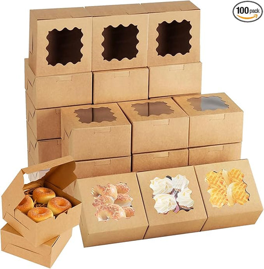 QTLCOHD 100 Pack 6 x 6 x 3 Inch Bakery Boxes with Window Brown | Small Cupcake Box Individual Kraft Cookie Pastry Boxes for Pastries, Cookies, Pie, Donuts, Macaroon