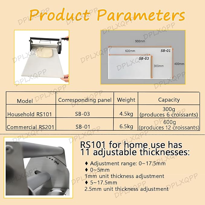 Commercial & Home Use Hand Crank Dough Sheeter Machine,Rs201 Adjustable Thickness (0-27mm) for Croissants,Pizza, Pasta,Foldable Stainless Steel Pastry Roller with Non-stick Pp Panel,RS101