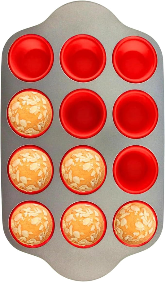 Boxiki Kitchen Non-Stick 12 Cup Silicone Muffin Pan with Steel Frame - BPA Free, Non-Toxic, Anti-Warp, Durable & Easy to Pop Silicone Muffin Tin - Perfect Cupcake Pan