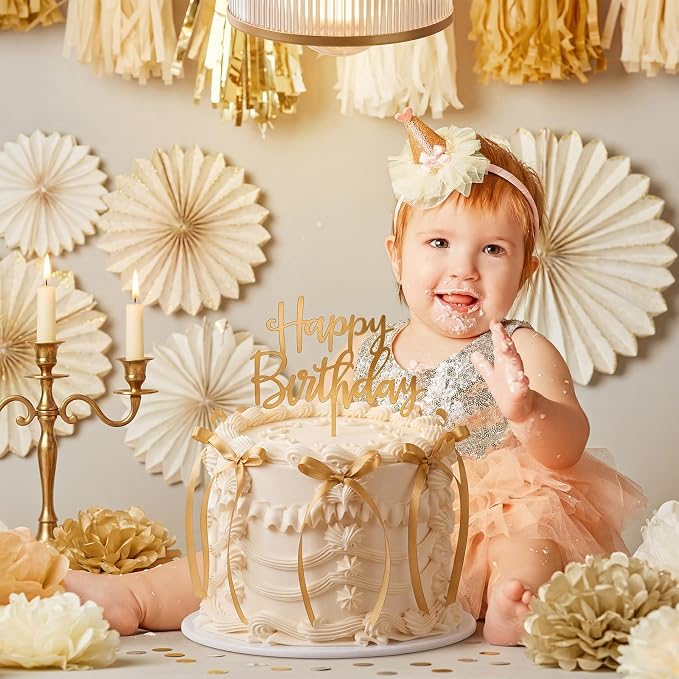 Honeydak 11 Pcs Gold Bow Ribbon Cake Topper Happy Birthday Cake Topper Happy Birthday Acrylic Sign Decoration Coquette Bow Decor Wedding, Bridal Shower Party Supplies