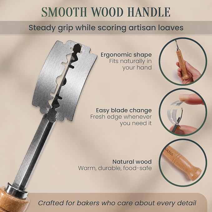 Bread Lame, Sourdough Scoring Tool for Bread Baking, Bread Scoring Tool with Beech Wood Handle, Protective Cover & 5 Replacement Blades