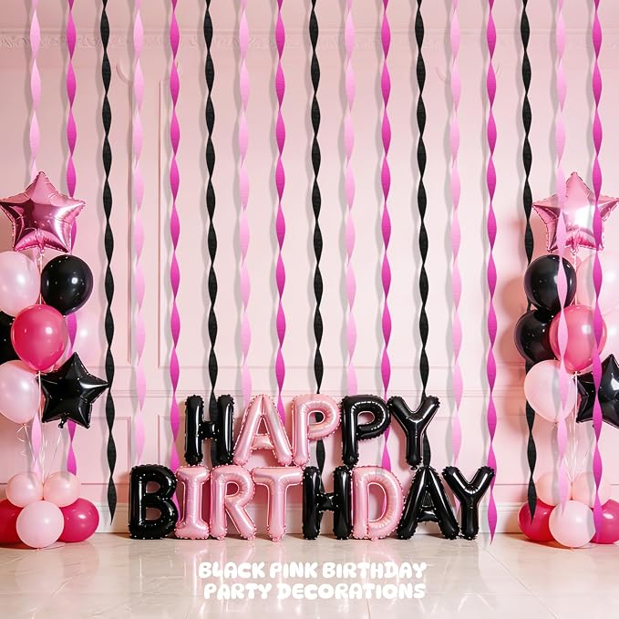 AOYOO Crepe Paper Streamers, 6 Rolls Light Pink Hot Pink and Black Party Streamers, Chic Pink and Black Party Decorations for Girls Birthday, Bachelorette, Sweet 16 and Y2K Party Supplies