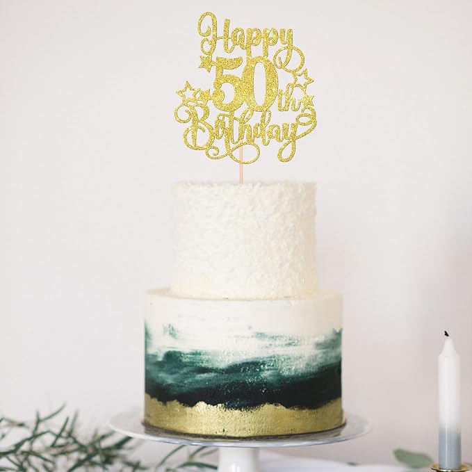 1 PCS Happy 50th Birthday Cake Topper Glitter Cheers to 50 Years Birthday Cake Pick Hello 50 Fabulous Cake Decoration for Happy 50th Birthday Anniversary Party Decorations Supplies Gold
