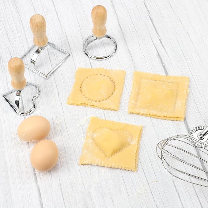 TACGEA Ravioli Stamp Maker Cutter with Roller Wheel (Set of 4), Wooden Handle and Fluted Edge, for Ravioli, Pasta, Dumplings Lasagna, Pierogi
