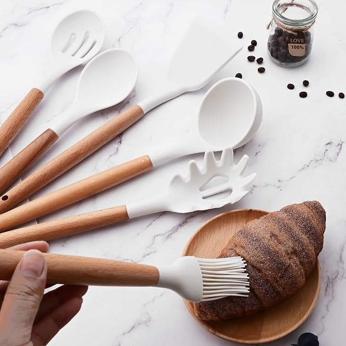 12pcs Wooden Handle Silicone Kitchen Utensils Set, Non-Stick Silicone Cooking Utensils, White Spatula Set, Turner Spoon, Brush Whisk, Gadgets Tools for Cookware Baking