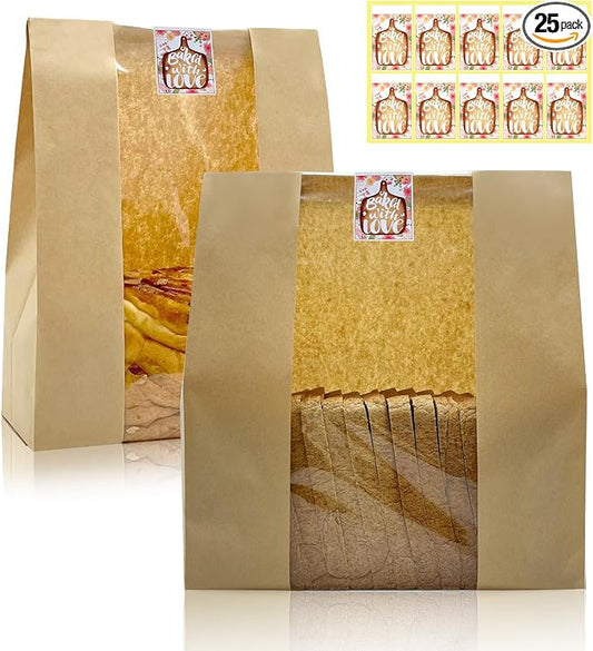 HiCivan 15.7x10.2x5.1in Extra Large Paper Bread Bags for Homemade Bread with Window&Sticker for Supersized Sourdough Bread, Oversized Bread Loaf, Baked Goods, Packaging for Gifting-Brown Kraft 25Pcs