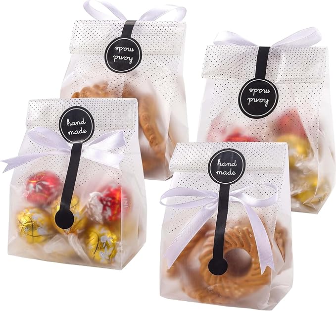YunKo Cookie Bags for Packaging, 100 Pack Cellophane Treat Bags for Gift Giving, 3.4 x 9 in Cookie Packaging for Homemade Treats, Muffins, Candy, Mini Loaf, Party Favors, Black Dot