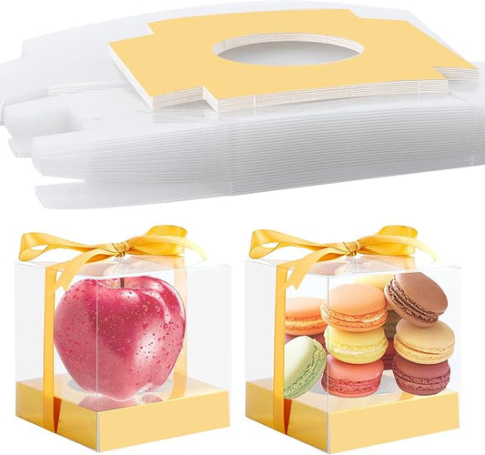 24 Pcs Clear Plastic Cupcake Boxes, 3.5 Inch Single Cupcake Containers for Cake Dessert, Individual Cake Storage Holder with Ribbon Wedding Birthday Party Favor (Gold)