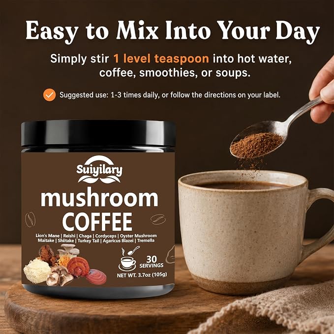 Suiyilary 10 Mushroom Coffee with Arabica w, Lion's Mane, Reishi, Mushroom Polysaccharides & More, Instant Mushrooms Powder for Focus, Immunity Boost, Memory & Clarity - 30 Servings