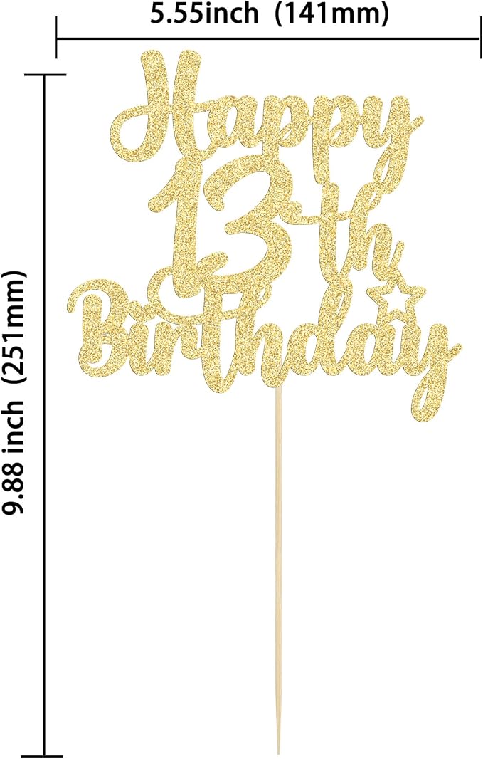 Gyufise 1Pc Happy 13th Birthday Cake Topper Glitter 13 & Fabulous Official Teenager 13 Birthday Cake Pick for Celebrating 13th Birthday Anniversary Party Cake Decorations Supplies Gold
