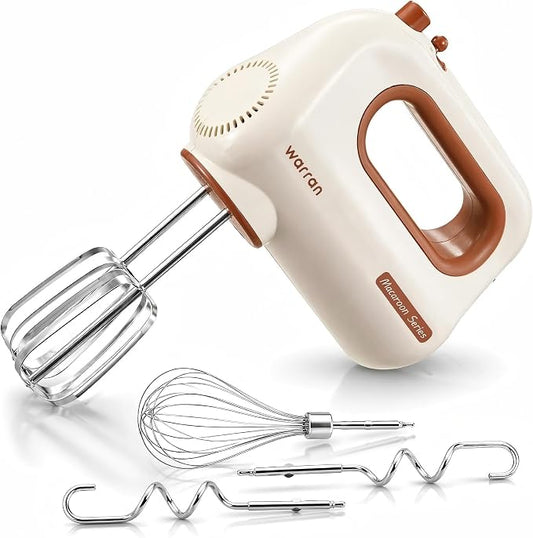 300W Compact Lightweight Electric Hand Mixer, with Powerful Quiet DC Motor for Baking, Cake, Brownies, Cookie Dough, Ideal for Home Kitchen (White)