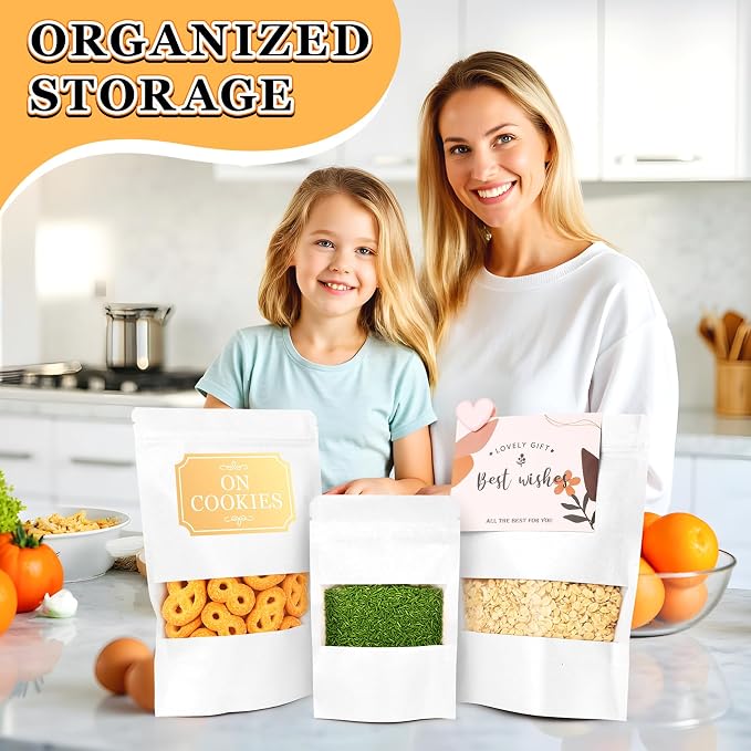 Food Bags 100 Pack Granola Trail Mix Bags Sealed Bag with Window Resealable Stand Up Pouches Wax Melt Candy Bar Tea Packaging Beef Jerky Chip Bag Bolsas para Carne Seca